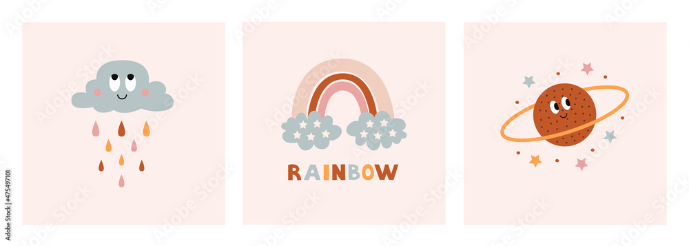 Vector set of cards with cute rainbow, cloud and cosmic elements in scandinavian  boho style. Trendy celestial clip art decoration for baby nursery in pastel colors. 