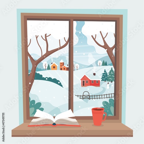 Winter window - book and cup on the sill with winter landscape. Cute cozy vector illustration in flat style