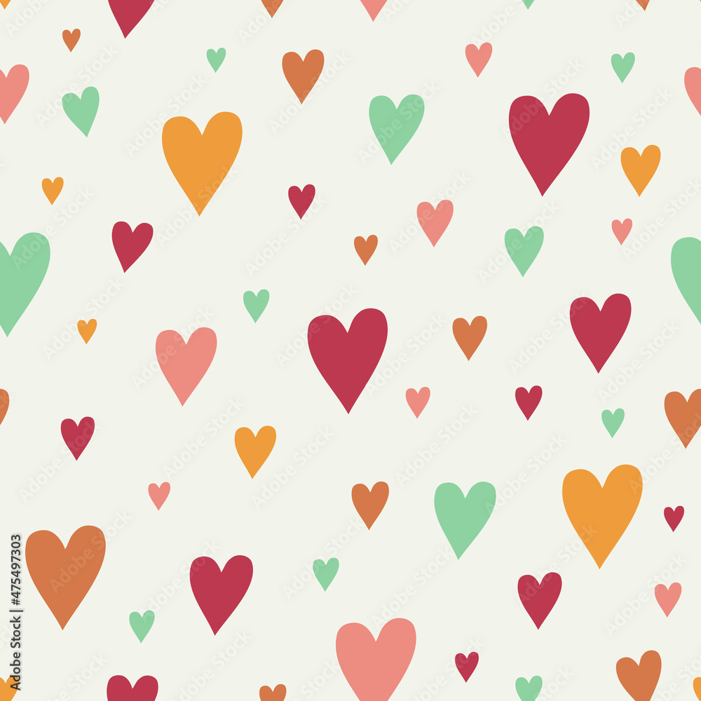 Cute hand drawn hearts seamless pattern. Cartoon children's background with colorful hearts. Funny vector illustration for fabric, packaging, scrapbooking. Doodle style heart.