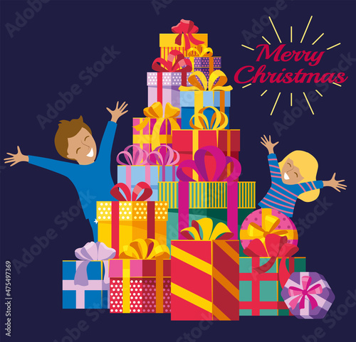 A boy and a girl are happy with gifts in the form of a Christmas tree, and the inscription Merry Christmas. Professional high-resolution vector illustration.