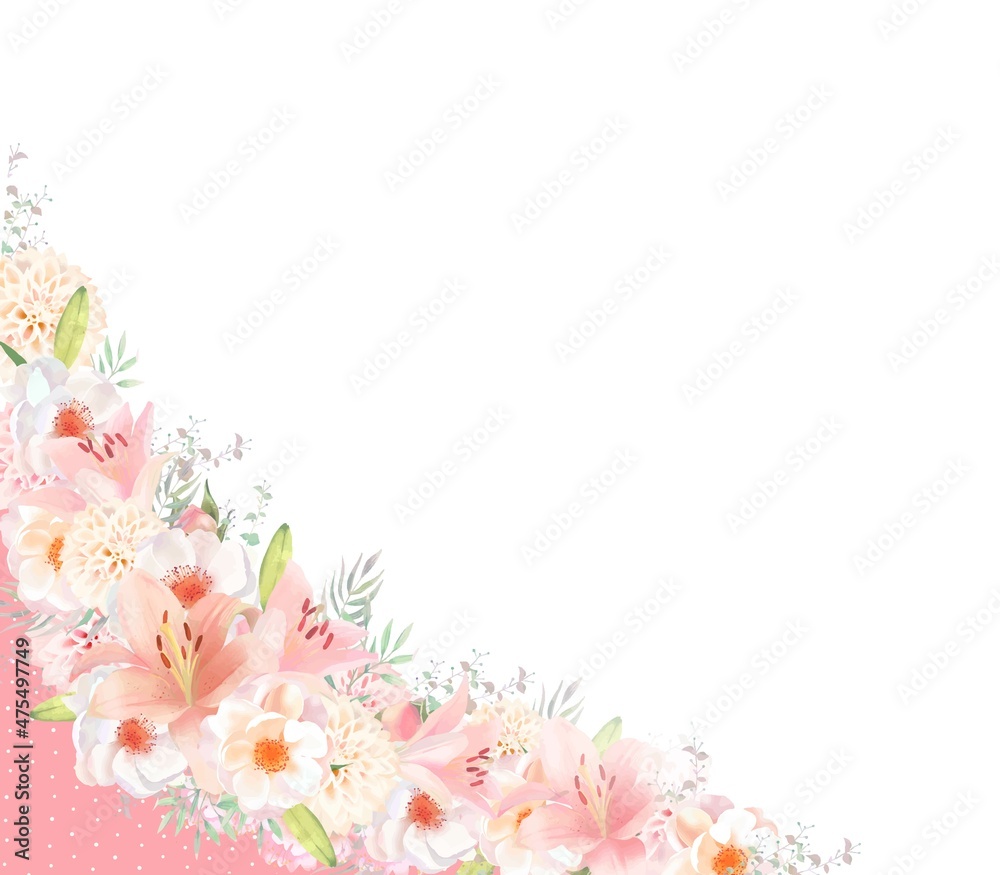 エレガントな色使いのピンク系の百合の花と白いばらとリーフの水玉リボン付き招待状フレーム素材
