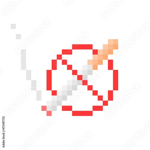 No smoking pixel sign. Crossed out burning cigarette in 8bit pixelated red circle. Ban on use of marijuana in public vector places.