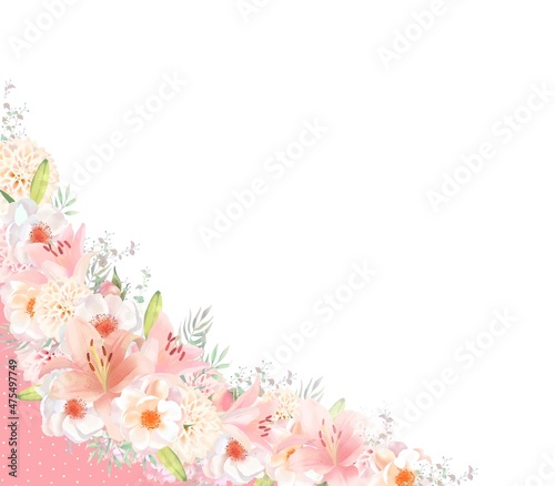 エレガントな色使いのピンク系の百合の花と白いばらとリーフの水玉リボン付き招待状フレーム素材 