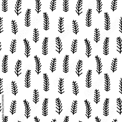 Abstract hand drawn seamless pattern with spruce twig elements. Black and white texture.