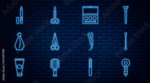 Set line Hair dryer, Cotton swab for ears, Eye shadow palette, Scissors, Perfume, Eyeliner, eyebrow, Curling iron and icon. Vector