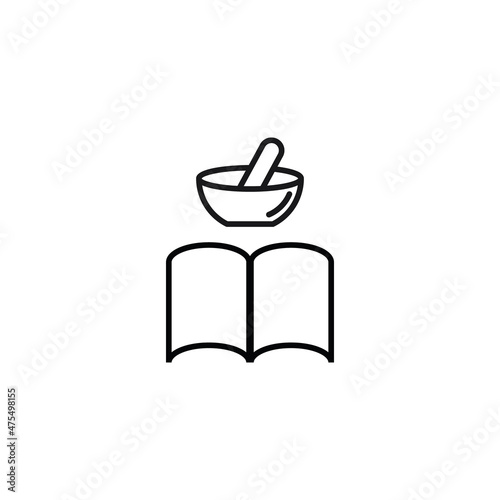 Books, fiction and reading concept. Vector sign drawn in modern flat style. High quality pictogram suitable for advertising, web sites, internet stores etc. Line icon of mortar and pestle over  book