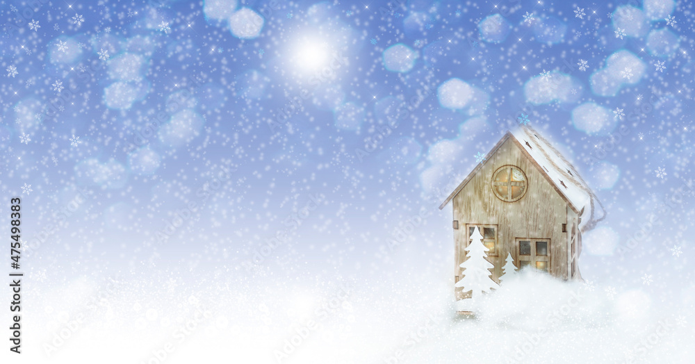 Christmas card with a house and stars