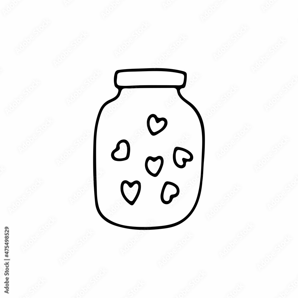 Doodle glass jar with hearts. Outline container isolated on white background. Valentines day sign. Festive decoration, home decor. Love, feelings cozy cute symbol. Vector line sketch illustration Doodle glass jar with hearts. Outline container isolated on white background. Valentines day sign. Festive decoration, home decor. Love, feelings cozy cute symbol. Vector line sketch illustration