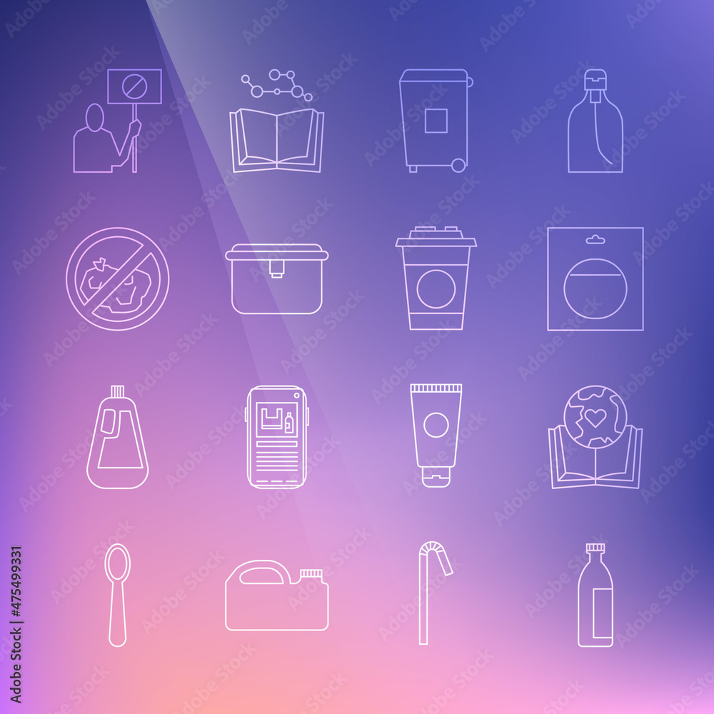 Set line Lotion cosmetic tube, Earth globe and book, Battery in pack, Trash can, Lunch box, No trash, Nature saving protest and Paper glass icon. Vector Set line Lotion cosmetic tube, Earth globe and book, Battery in pack, Trash can, Lunch box, No trash, Nature saving protest and Paper glass icon. Vector