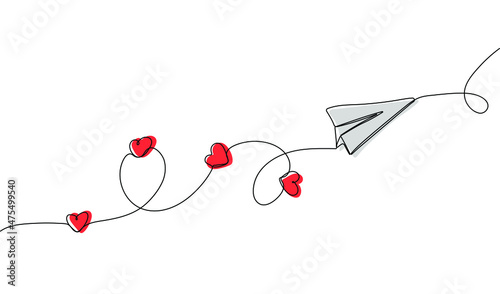 Continuous one line drawing of  paper plane with hearts. Happy valentines day. Concept of romantic date. Vector illustration