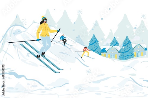 People tourist skiing enjoying vacation at ski resort on christmas and new year winter holidays