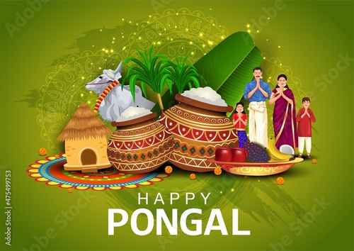 South Indian harvesting festival, Happy Pongal celebrations greetings with Pongal elements, sugarcane and plate of religious props. vector illustration design photo