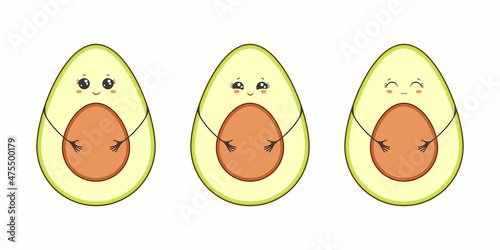 Set of Funny happy cute Cartoon avocado. Pregnancy. Vector
