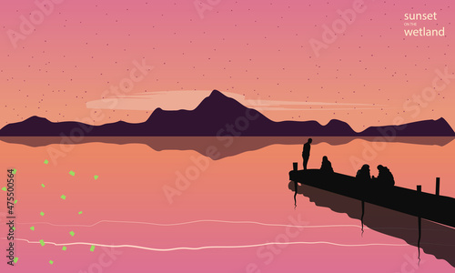 Sunset on Wetland  background of a lagoon with mountains  people silhouettes and pier. Orange  calming coral  pacific pink  purple and black. Flat style with hand drawn lined strokes and dots texture.