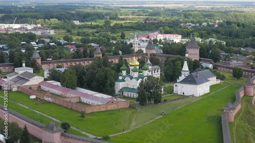 Dolly zoom. Suzdal, Russia. Flight. The Saviour Monastery of St. Euthymius. Cathedral of the Transfiguration of the Lord in the Spaso-Evfimiev Monastery, Aerial View photo