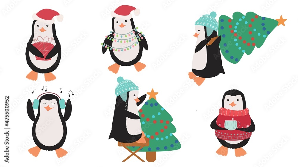 Obraz premium A set of little Christmas penguins, penguins with a Christmas tree, in a hat, in a sweater and with a mug of grog on a white background.