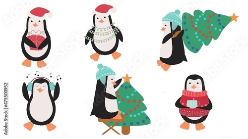A set of little Christmas penguins, penguins with a Christmas tree, in a hat, in a sweater and with a mug of grog on a white background.