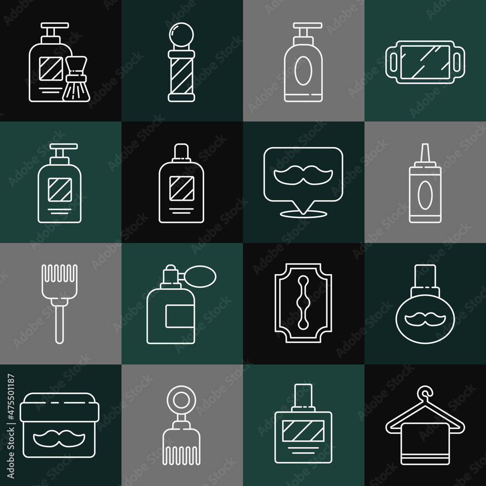 Set line Towel on a hanger, Beard and mustaches care oil bottle, Bottle of shampoo, Cream or lotion cosmetic tube, Shaving gel foam brush and Barbershop icon. Vector Set line Towel on a hanger, Beard and mustaches care oil bottle, Bottle of shampoo, Cream or lotion cosmetic tube, Shaving gel foam brush and Barbershop icon. Vector