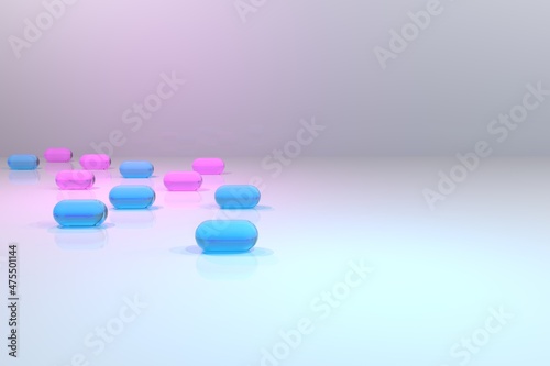 Pills transparent red and blue illustration. Background pills medication concept.