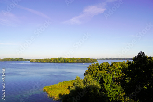 View from the Reppiner Castle in Schwerin on Lake Schwerin and the surrounding landscape.

