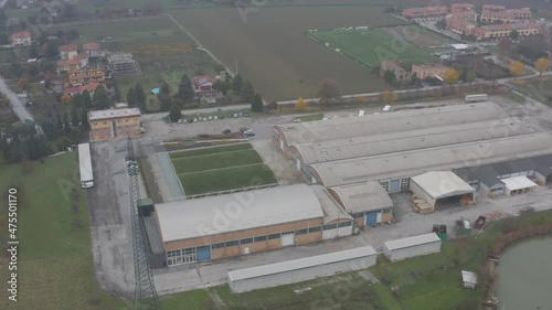 Drone view of an industrial site.
Factory building.
Beautiful aerial view.