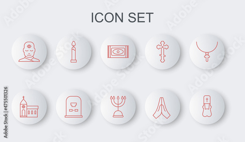 Set line Priest, Church building, Traditional carpet, Hands praying position, Man with third eye, Burning candle, Tombstone RIP written and Hanukkah menorah icon. Vector