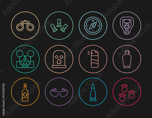 Set line Paw print, Canteen water bottle, Compass, Balaclava, Tourist tent, Binoculars, Pepper spray and Cartridges icon. Vector