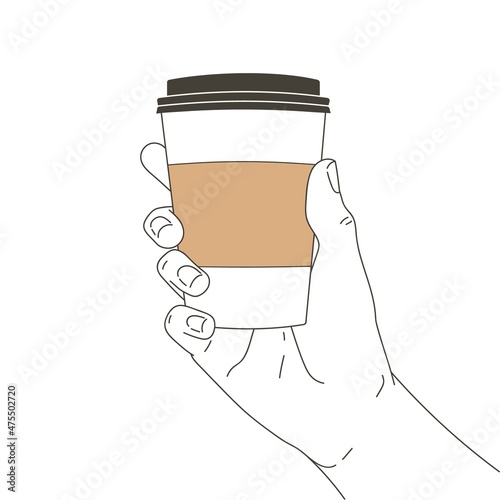 Vector hand Holding a takeaway hot Coffee paper cup. Drinking cappuccino espresso to go. Coffee break at the cafe shop
