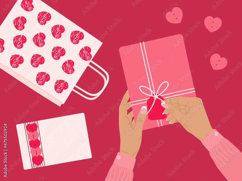 Valentine's day concept. Brown female hands open gift box wrapped into kraft paper. Top view table with romantic eco-friendly packaging, hearts. Hand drawn vector illustration Valentine's day concept. Brown female hands open gift box wrapped into kraft paper. Top view table with romantic eco-friendly packaging, hearts. Hand drawn vector illustration