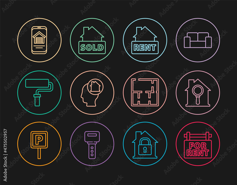 Set line Hanging sign with For Rent, Search house, Man dreaming about buying, Paint roller brush, Online real estate, House plan and text Sold icon. Vector
