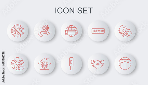 Set line Earth with medical mask, Negative virus, Medical protective, Stop, Hand, Stay home and thermometer icon. Vector