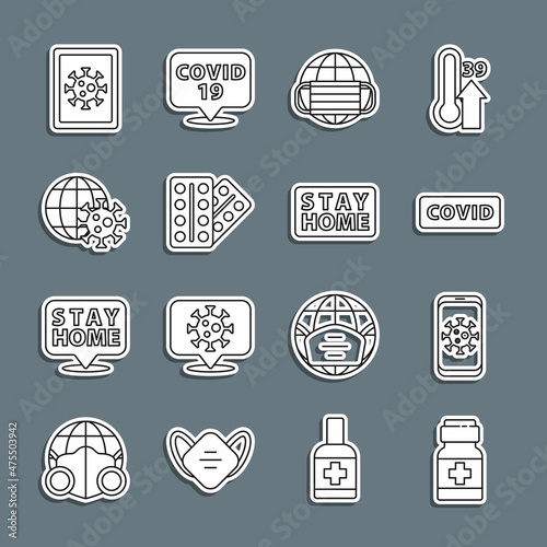 Set line Medicine bottle and pills, Virus statistics on mobile, Corona virus covid-19, Earth with medical mask, Pills blister pack, globe, monitor and Stay home icon. Vector