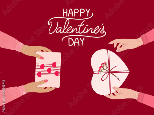 Valentine's day concept. White women exchange romantic gift boxes wrapped into kraft paper with hearts. Lgbt card, lesbian couple. Hand drawn vector illustration.