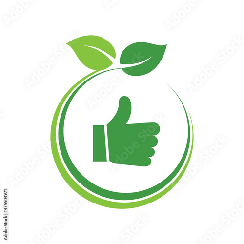 Like sign with green leaves in circle. Green thumb eco friendly. Healthy lifestyle concept. Organic food idea. I love nature thumb up. Environmental conservation. Vector illustration, flat clip art. 