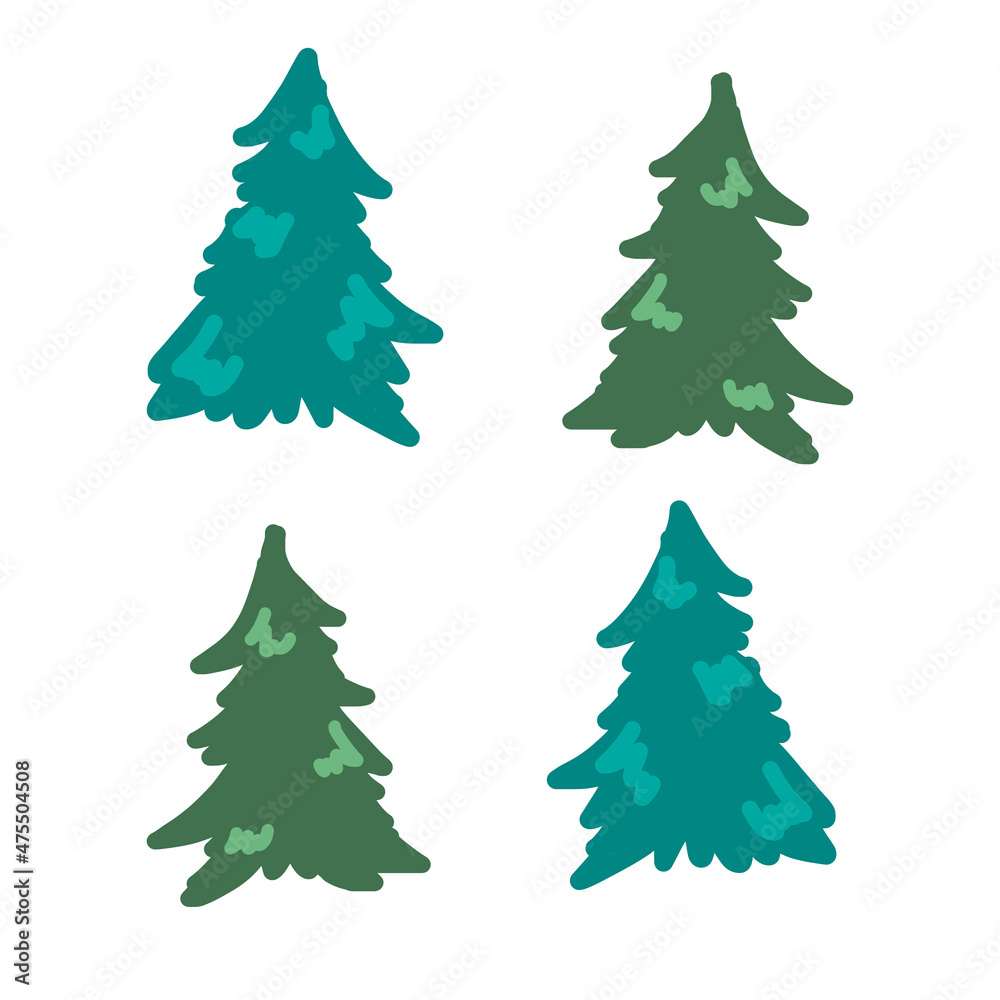 Set of green Christmas trees. Hand drawn set or holiday card. Isolated design objects on a white background.