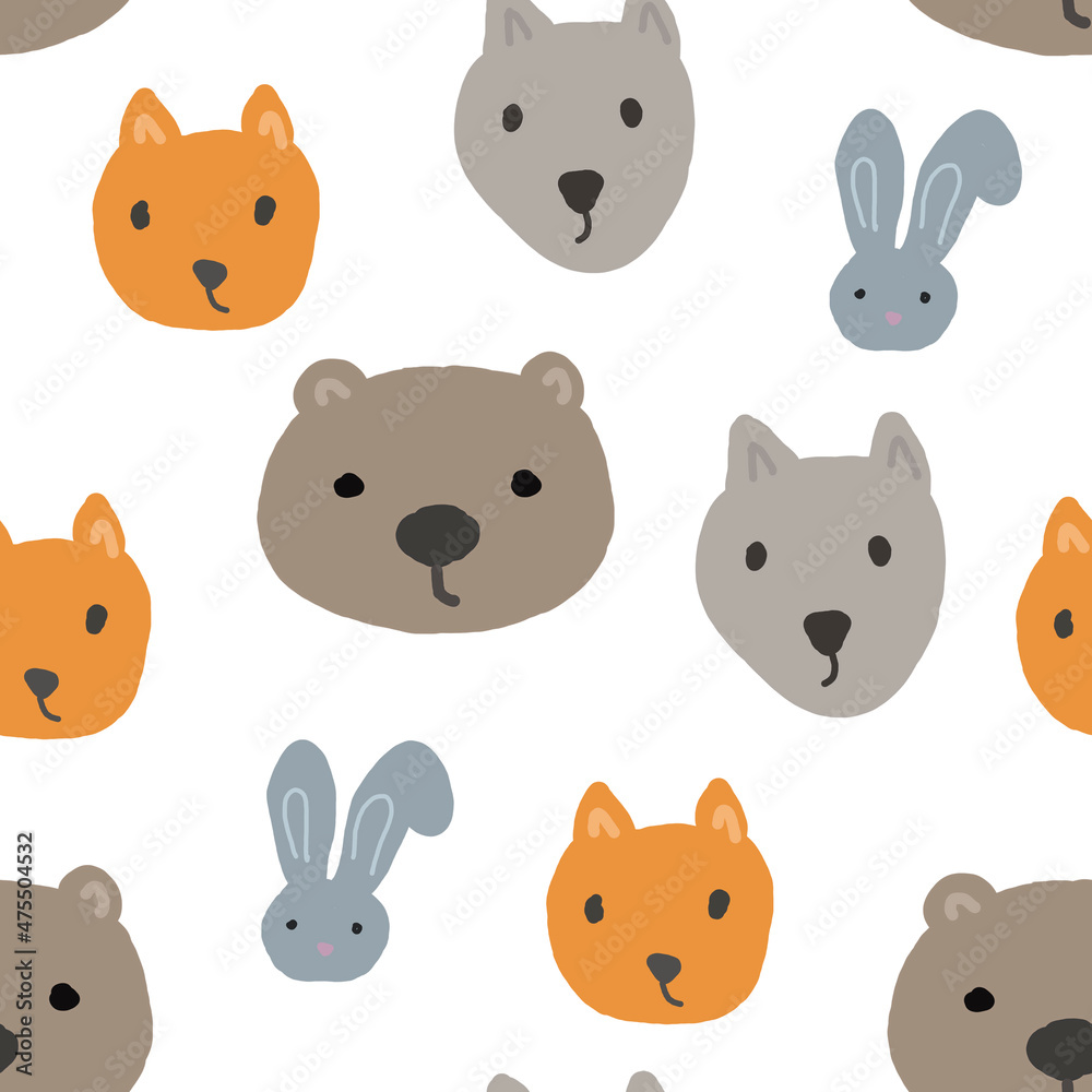 Seamless pattern with cute bear,fox, rabbit and wolf.Funny illustration for children.