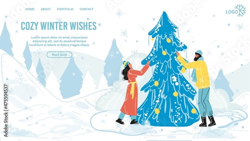 Cozy winter wishes landing page design template with couple decorating christmas tree outdoor over snowy landscape