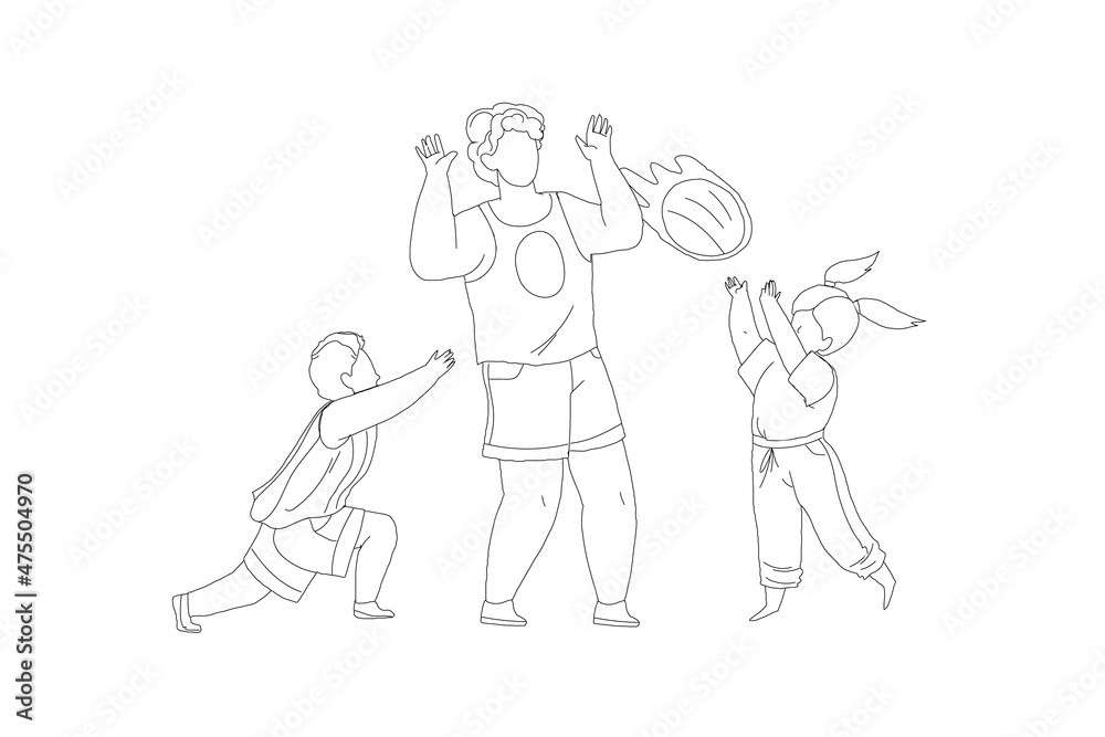 Father play ball with children line vector illustration. Happy family summer recreation and leisure activity concept