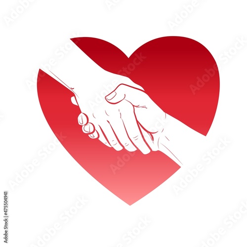 Helping hand and heart. Gesture, sign of help and hope concept. Two hands taking each other. Isolated vector line illustration on white background.