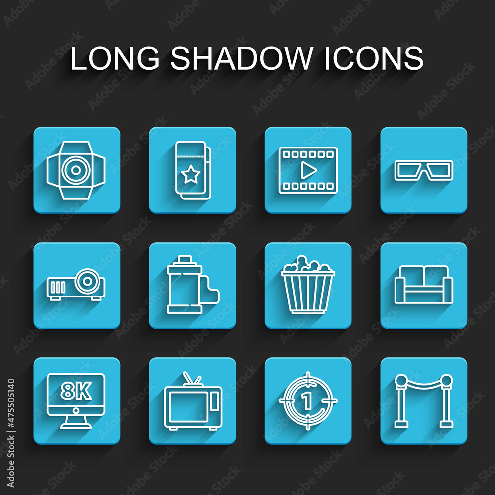 Set line Monitor with 8k, Retro tv, Movie spotlight, Old film movie countdown frame, Rope barrier, Camera roll cartridge, Cinema chair and Popcorn box icon. Vector Set line Monitor with 8k, Retro tv, Movie spotlight, Old film movie countdown frame, Rope barrier, Camera roll cartridge, Cinema chair and Popcorn box icon. Vector