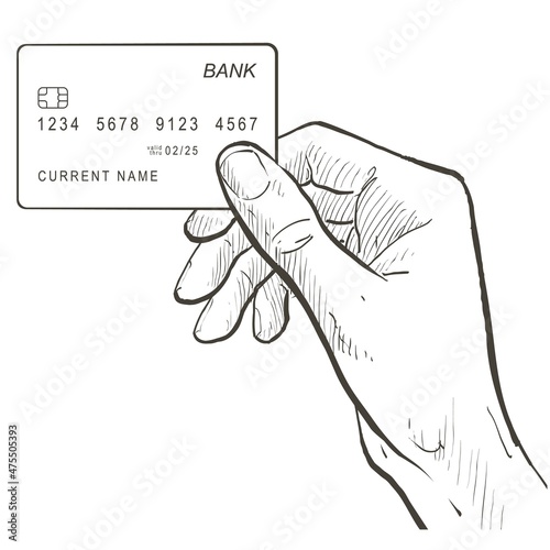 Hand holding credit bank card. Online shopping service concept. Safe payment edc electronic data capture transaction point of sales. Contactless NFC pass wireless pay. Contains Chip. Vector