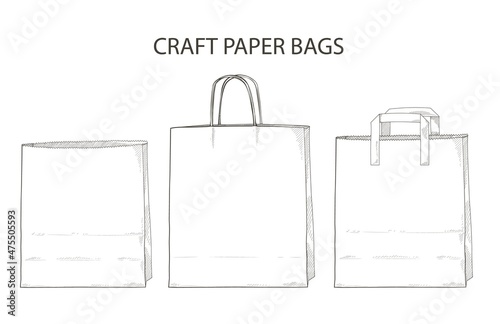 Vector Set of craft paper bags. Giving lunch brown craft shopping package mock up. Safe delivery courier service order. Pay online by internet, sale concept. Takeaway food meal. sketch illustration.