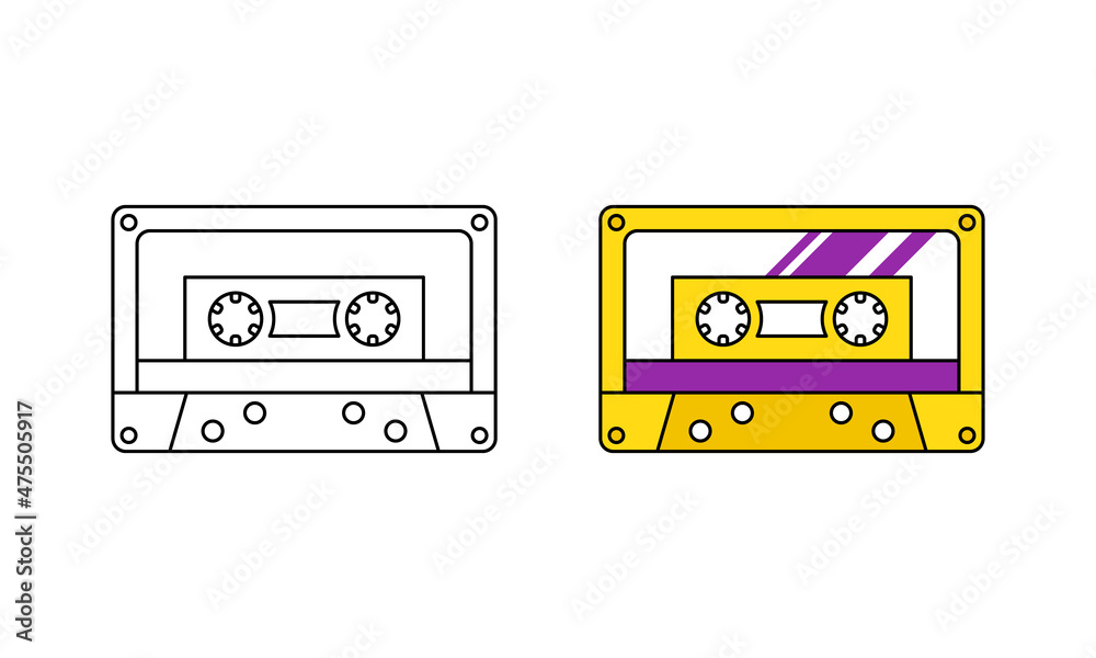 Retro audiocassette, linear and color icon. Outline simple vector of vintage compact cassette for music player. Contour isolated pictogram on white background