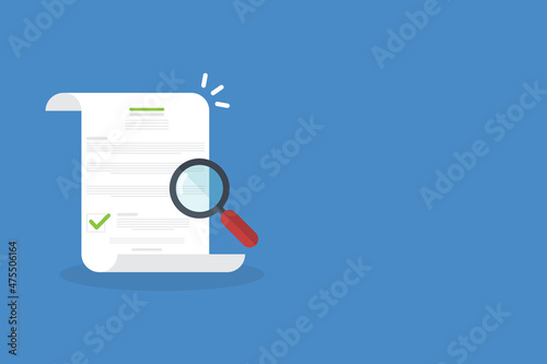 document inspection or assessment evaluation, contract review, analysis, inspection of agreement contract, compliance verification. Vector illustration	