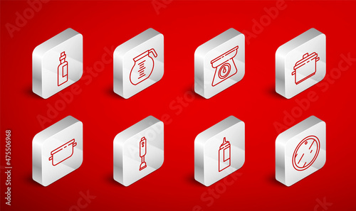 Set line Cutting board, Coffee pot, Scales, Cooking, Sauce bottle, Bottle olive oil, Blender and icon. Vector