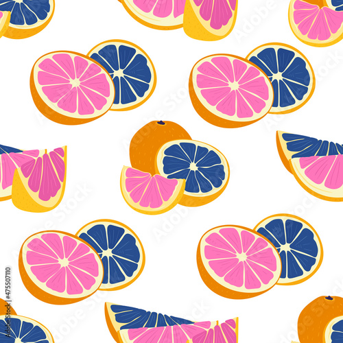 Grapefruit. Tropical fruit seamless pattern in hand-drawn style. Vegetarian food vector repeat background for colorful summer fabric.