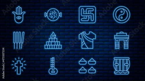 Set line Instrument tabla, India Gate in Delhi, Hindu swastika, Yagna, Aroma sticks, incense, Hamsa hand, Indian man dress and Chicken tikka masala icon. Vector