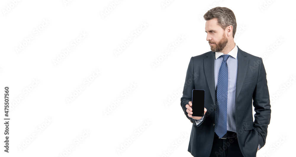 Professional salesperson man in suit hold mobile device isolated on white copy space, phone salesman Professional salesperson man in suit hold mobile device isolated on white copy space, phone salesman