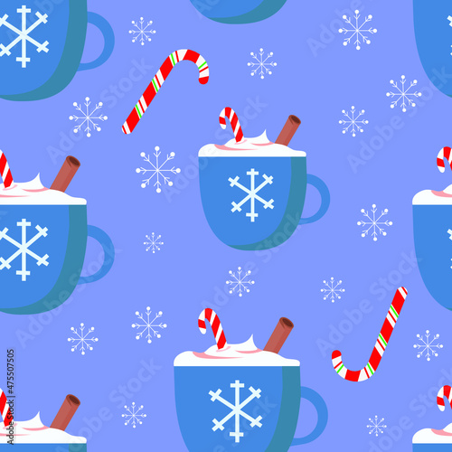 Seamless pattern coffee mug with cream, candy cane, snowflakes. Vector illustration isolated on blue. Template for card, textile, fabric, paper design, wallpaper