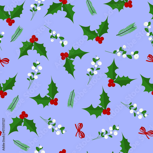 Seamless pattern holly ,mistletoe and a branch of the Christmas tree. Vector illustration isolated on blue. Template for card, textile, fabric, paper design, wallpaper
